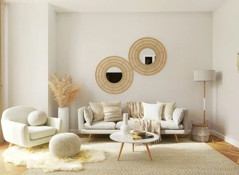 Bright warm-neutral small apartment living room with woven wall decor and layered textures