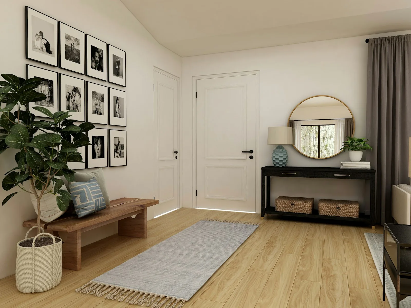 Small apartment entryway with a console table, bench, baskets, and a runner rug