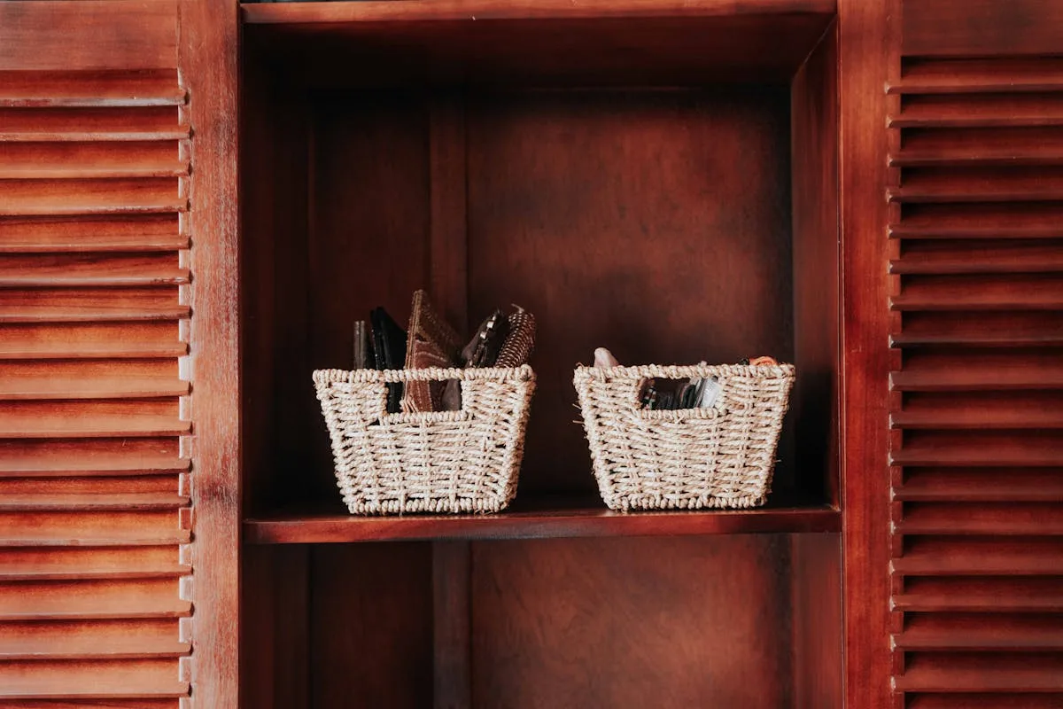 Woven storage baskets organized on a shelf