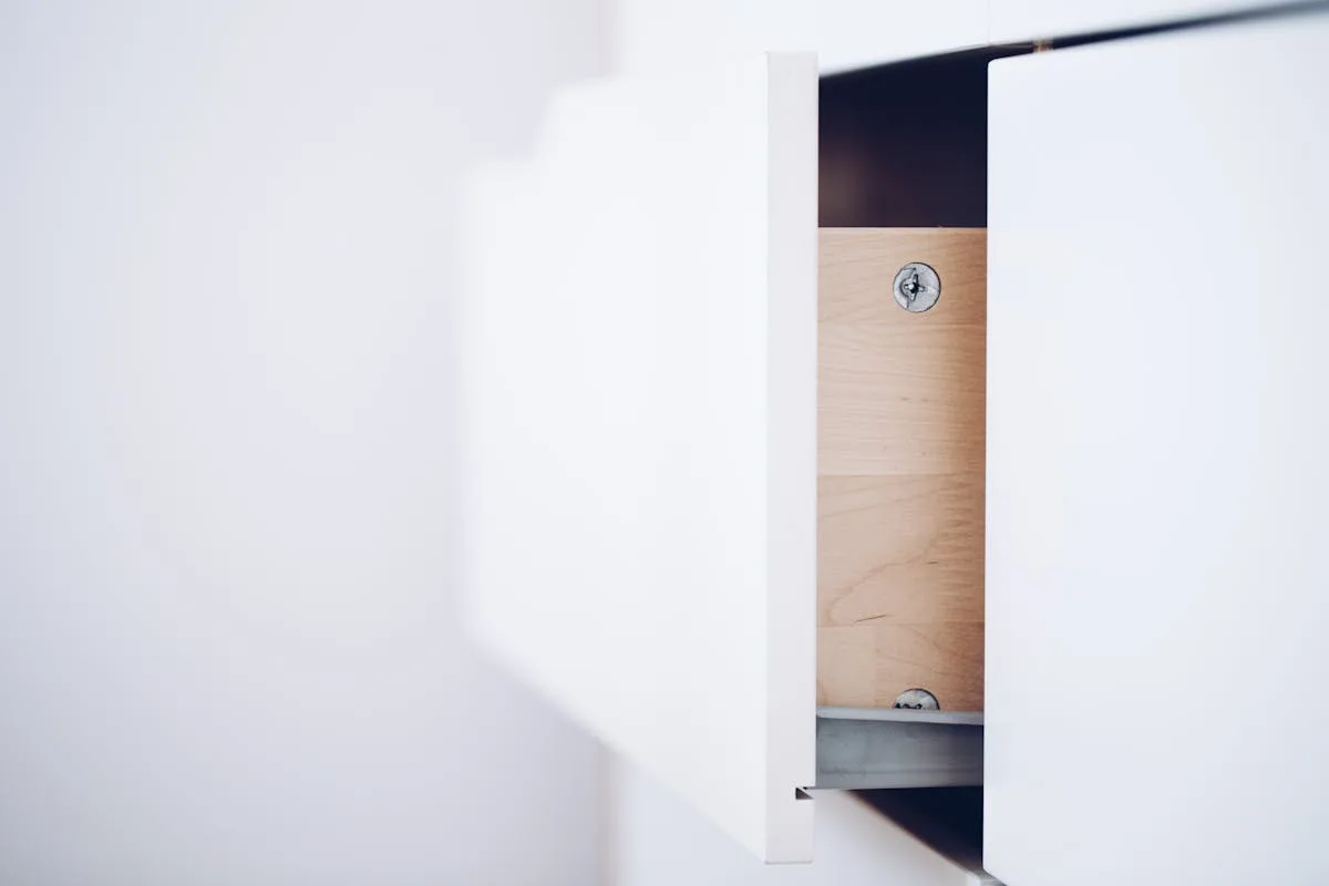 Open drawer in a white storage dresser