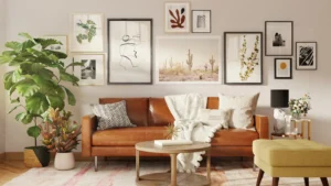 Boho Apartment Decor for Renters: The Look That Forgives a Pile of Mismatched Stuff Boho living room with a leather sofa, gallery wall, layered throw and a fiddle-leaf plant