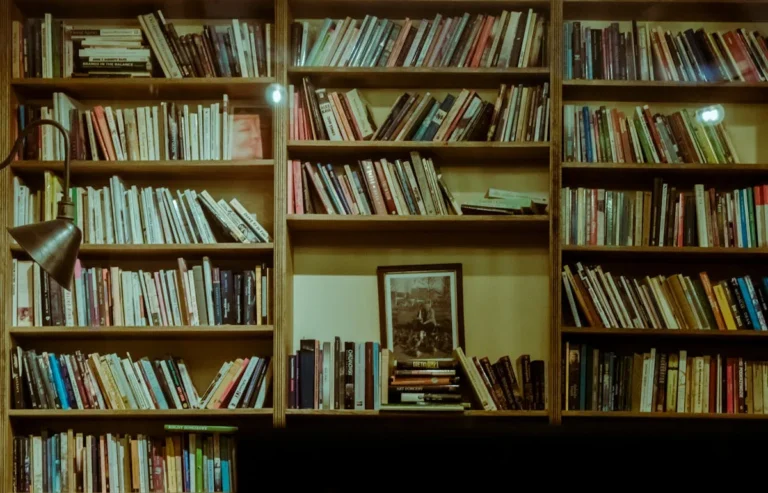 Wooden bookcase filled with books along a wall