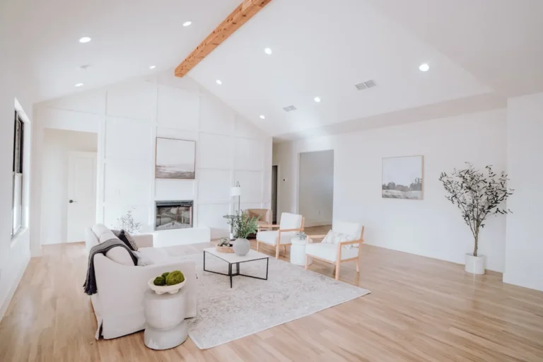 Bright white living room with a coffered white ceiling