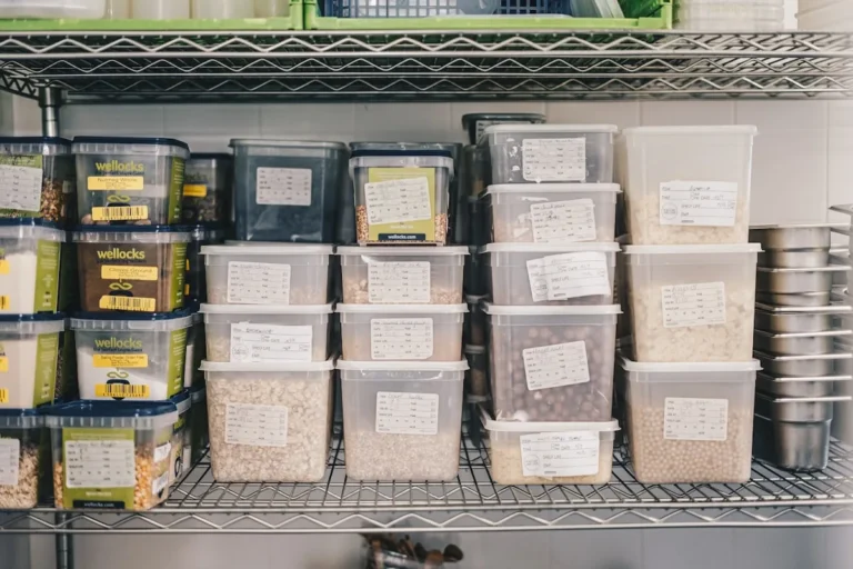 Clear stackable storage bins with lids on a bright shelf