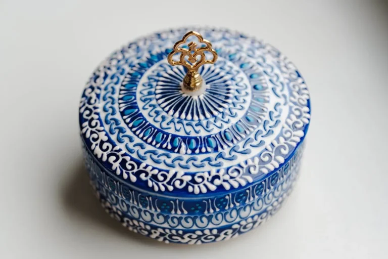 Blue and white porcelain ginger jar on a shelf
