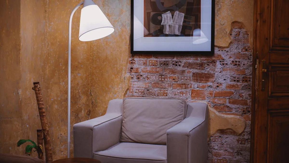 Warm floor lamp glowing beside an armchair in a cozy reading corner