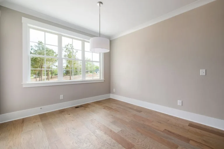 Beige room with white crown molding and a pendant fixture