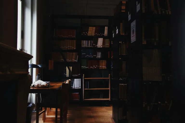 Moody dark academia study with tall bookshelves and a wooden desk by a window
