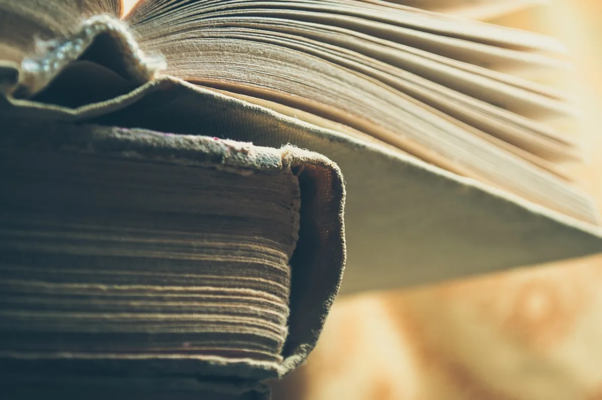 Worn antique book with frayed pages in warm light