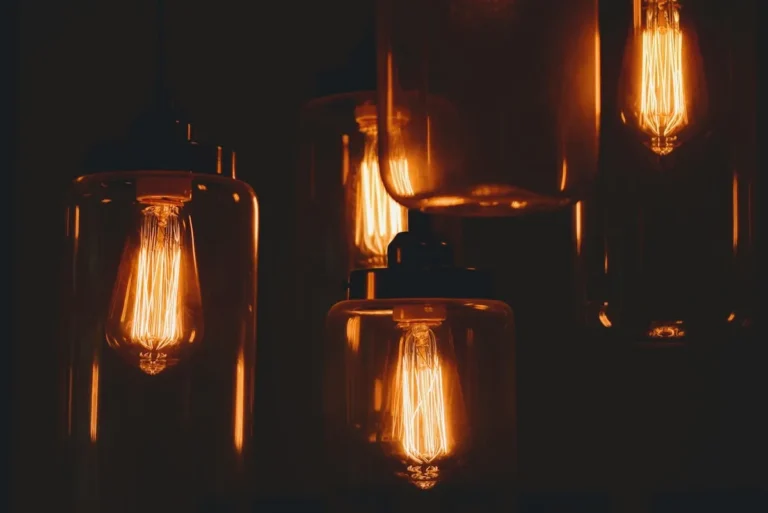 Warm Edison bulbs glowing in a moody dark academia room