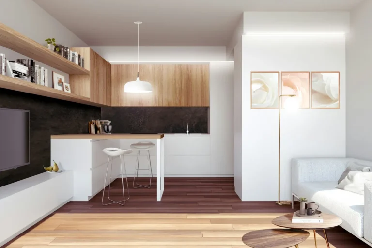 Small studio first apartment with a compact kitchen and living area in warm wood tones