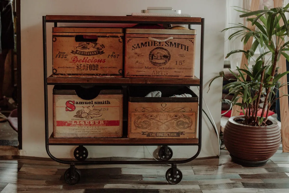 Wood rolling kitchen cart used for extra storage in a small kitchen