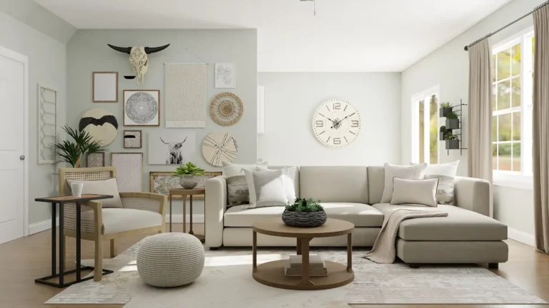 Soft neutral area rug grounding a small living room seating area