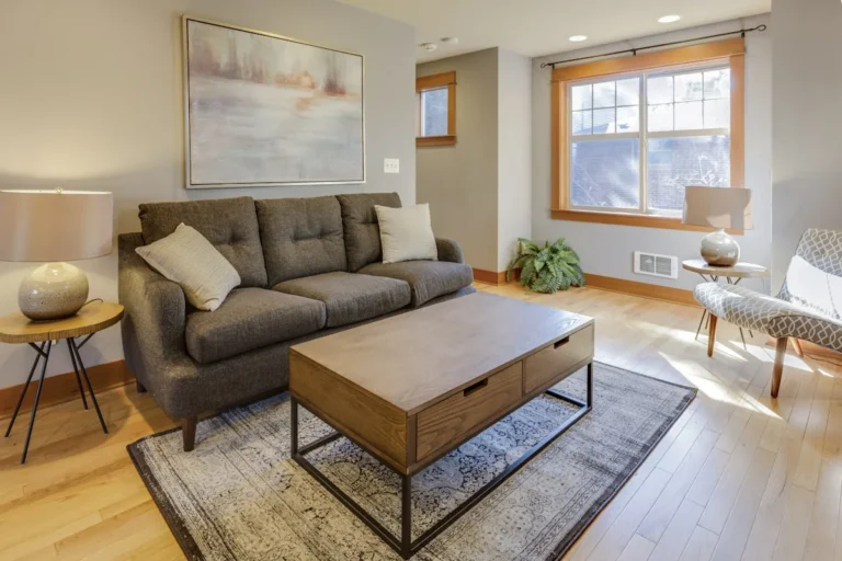 Wood lift-top coffee table in a small apartment living room