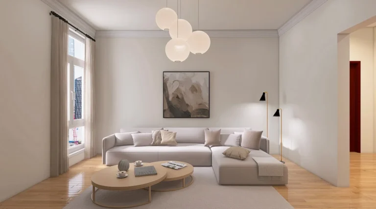 Calm minimalist living room in warm neutrals with one large piece of art