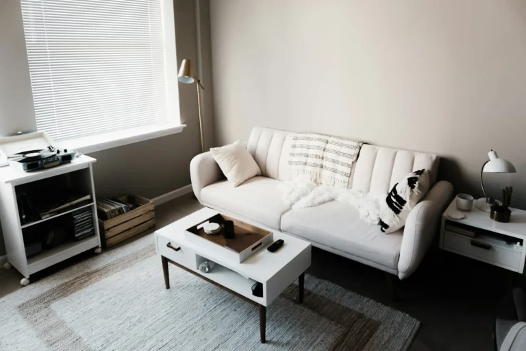 One bedroom apartment living area with a white sofa, coffee table and rug in a soft palette