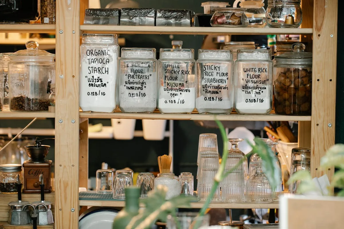 Pantry shelf with labeled glass storage jars