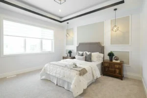 Peel-and-Stick Ceiling Tiles for Renters: 7 Picks That Cover the Popcorn (and Three That Don't) Bright bedroom with a deep tray ceiling and decorative molding details around the perimeter
