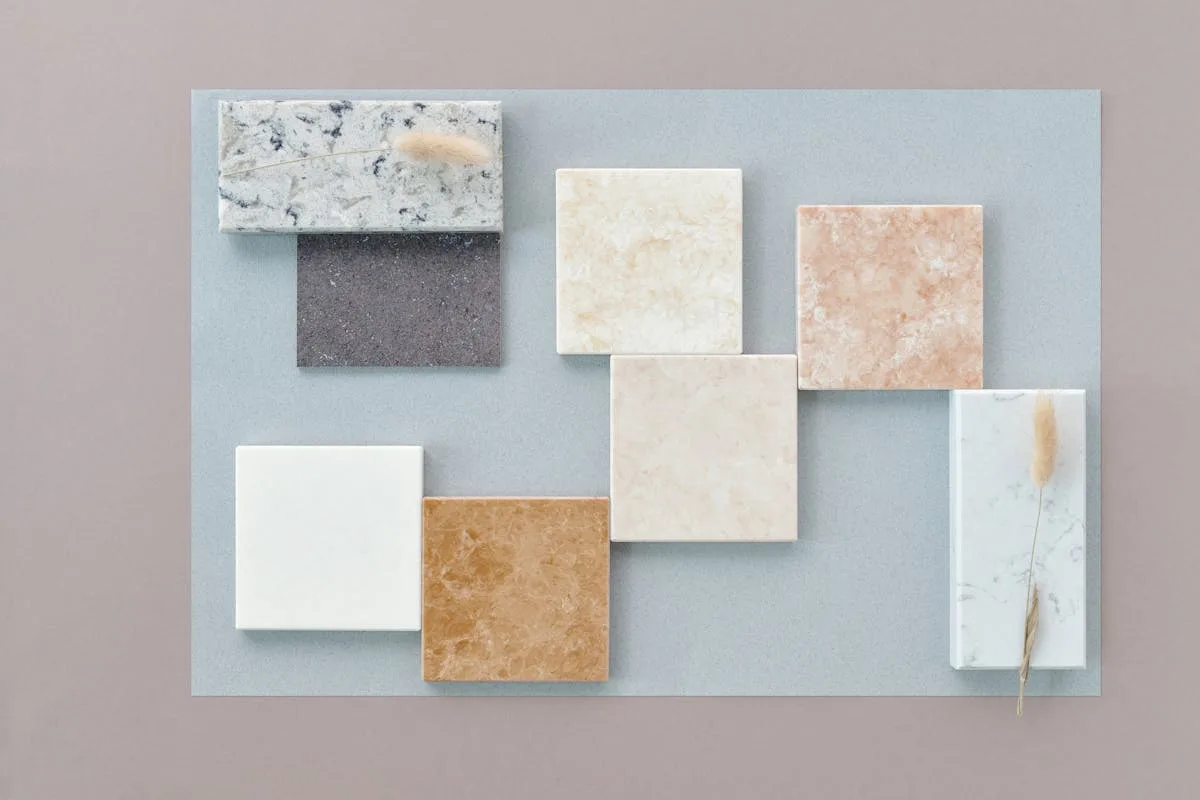 Removable wallpaper samples flat lay showing different patterns and colors