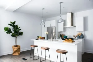 Small Apartment Kitchen Ideas to Win Back Counter and Storage Bright small apartment kitchen with white cabinets, a plant, and clear counters