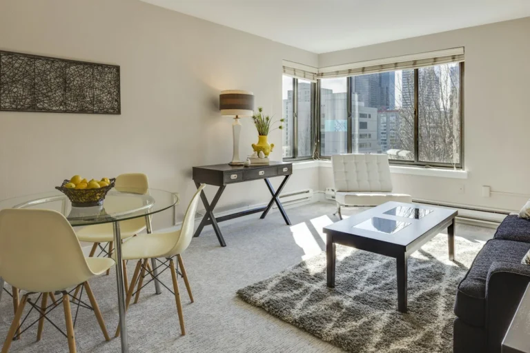 Small apartment living room with a sofa, rug and city window in warm neutral light