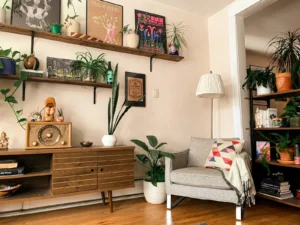 Cozy small apartment corner with wall shelves and a wood sideboard for storage