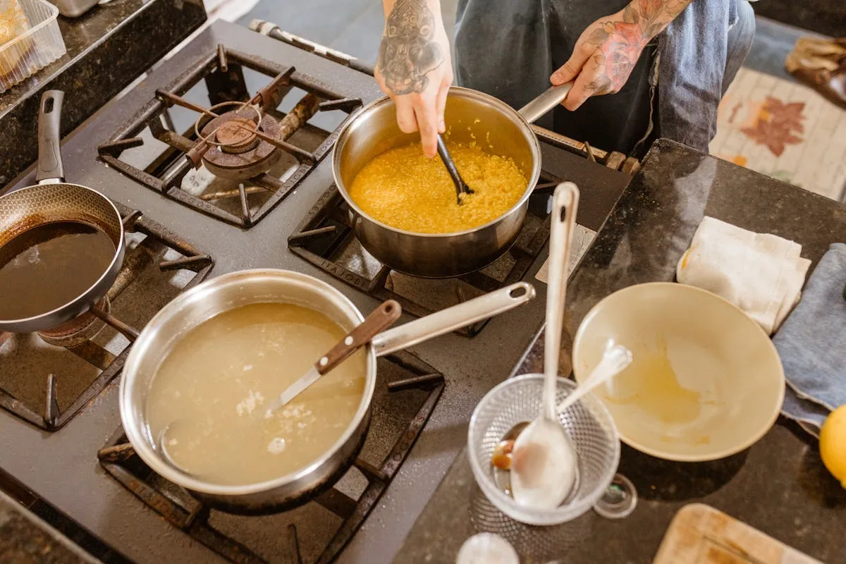 Cooking with a few pots and mixing bowls in a small home kitchen