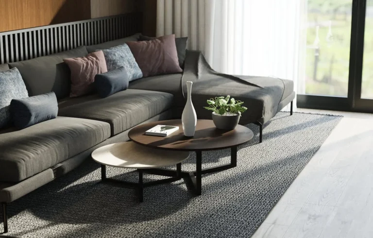 Set of nesting coffee tables tucked together in a living room