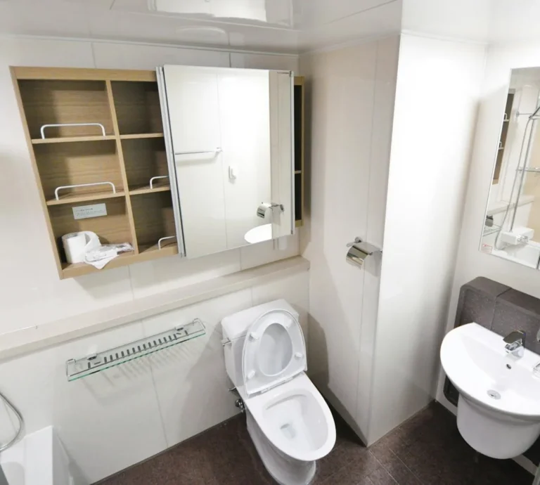 Over-the-toilet storage rack above a small bathroom toilet
