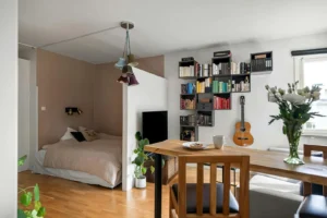 Small studio apartment laid out with a bed zone, dining table and bookshelf on a wood floor