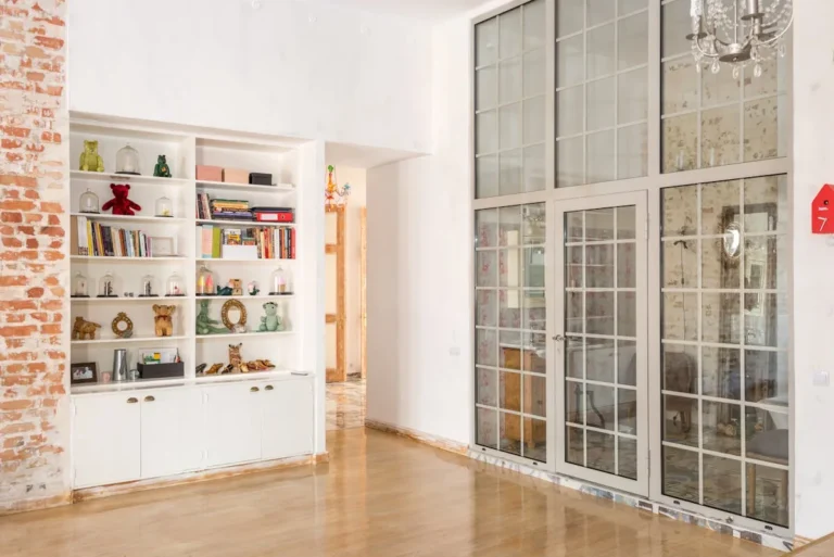 White brick accent wall in a contemporary living space