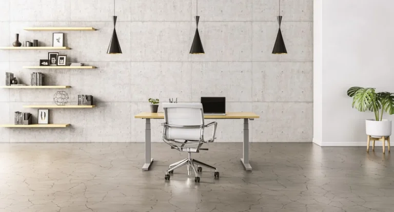 Modern home office with a textured felt acoustic wall