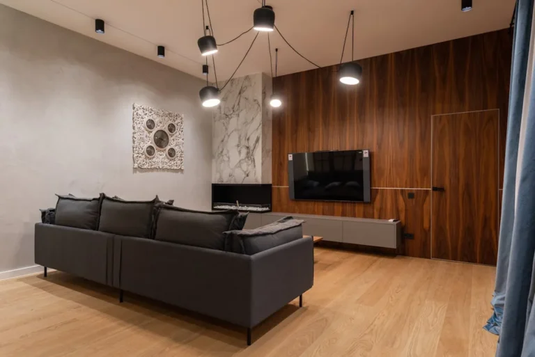 Modern living room with a dark wood plank accent wall