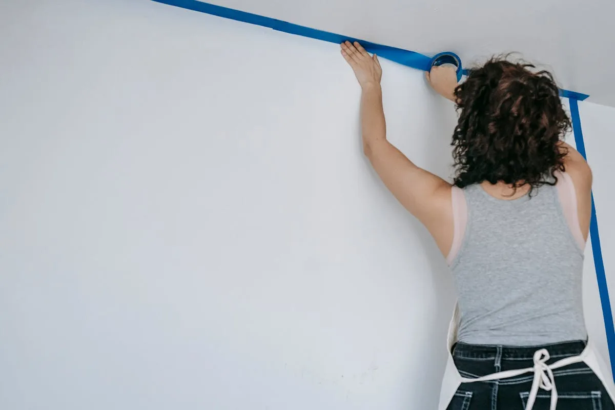 Woman applying a long horizontal tape line along the top edge of a white wall