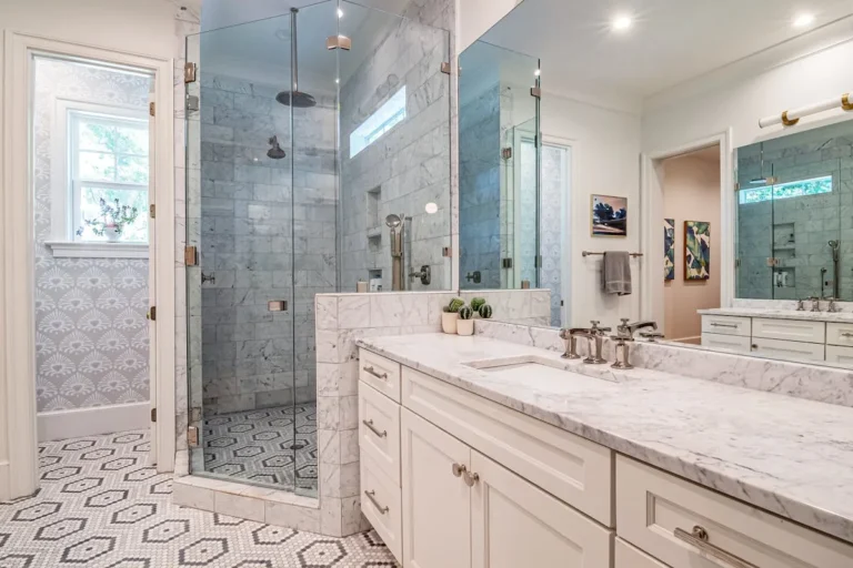 Luxurious bathroom with a white hexagonal patterned floor