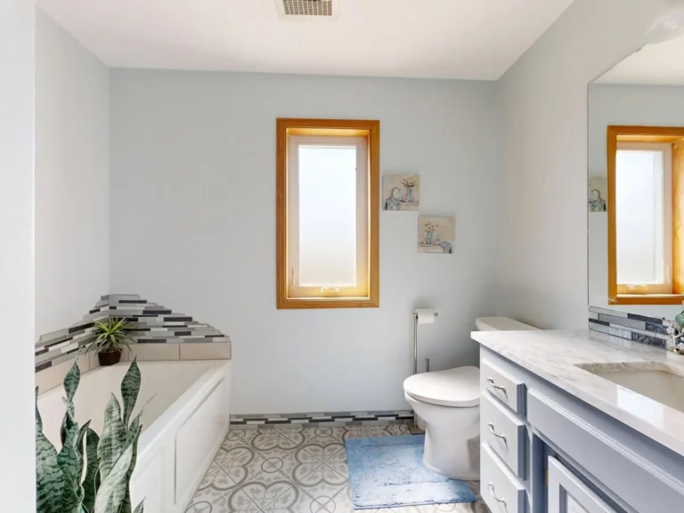 Bright bathroom with encaustic patterned floor tile and a vanity