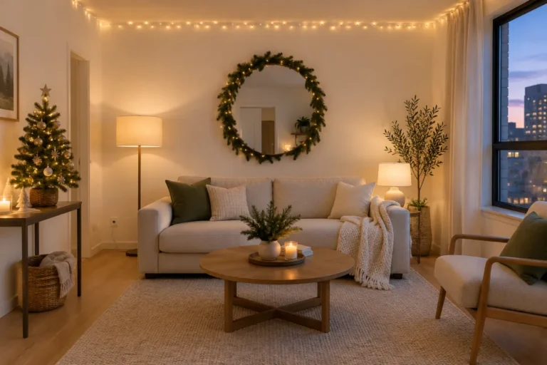 Small apartment living room decorated for Christmas with fairy lights along the ceiling, a garland around the mirror and a tabletop tree
