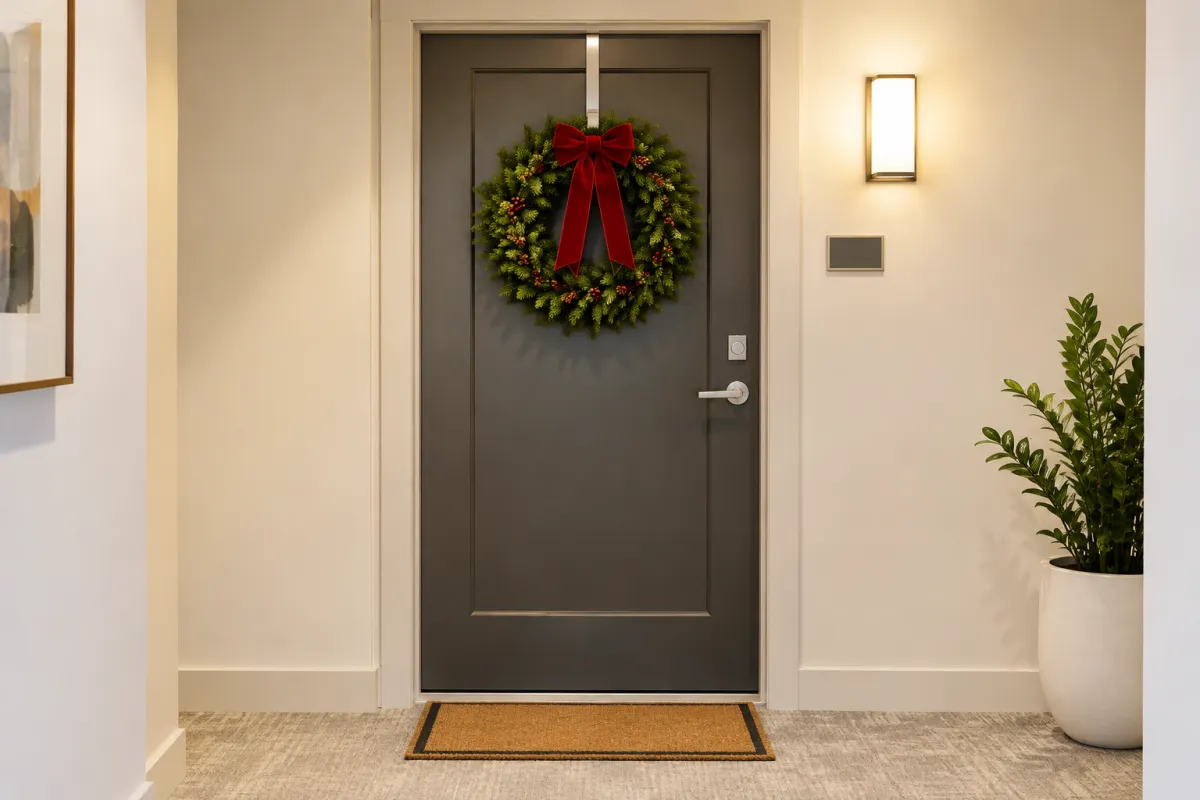 Apartment front door with a Christmas wreath hung on an over-the-door hanger
