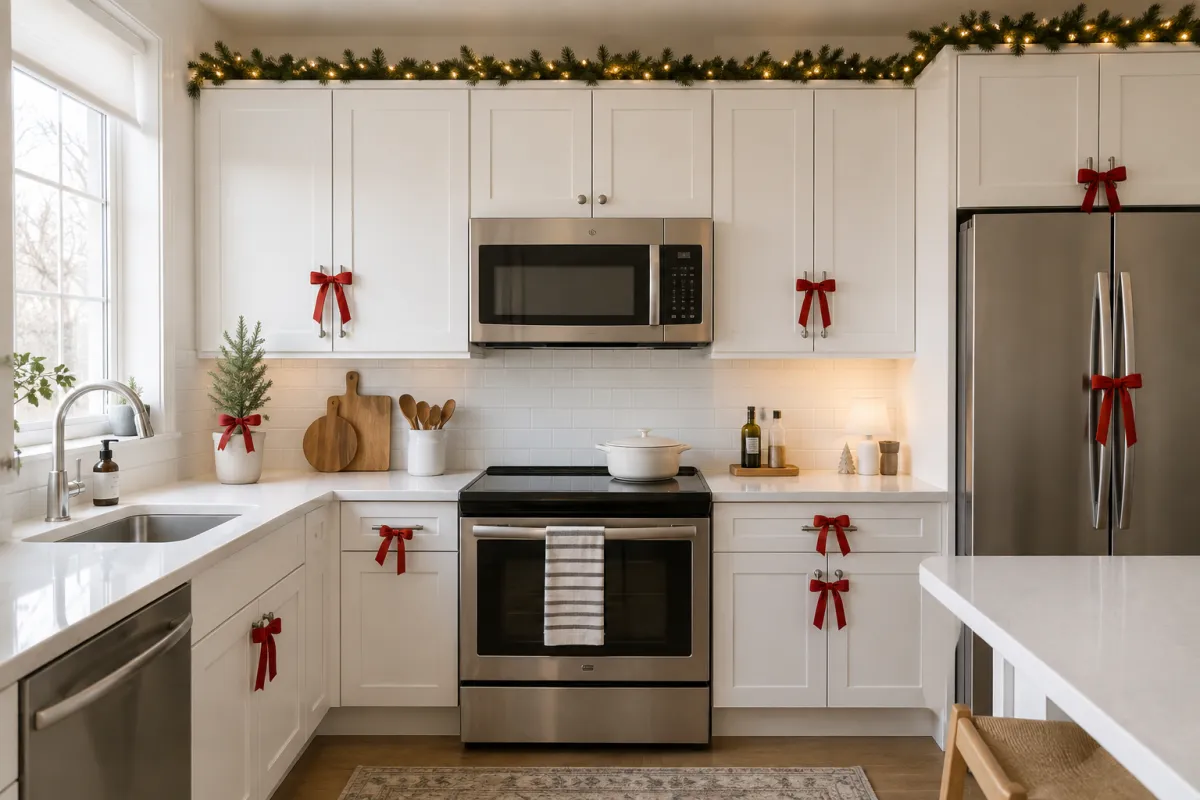 Red velvet Christmas bows on white kitchen cabinet doors with a lit garland on top of the cabinets
