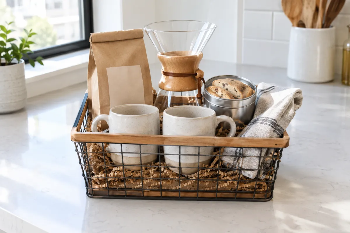 A coffee lover housewarming gift basket with coffee beans, a glass pour-over maker and stoneware mugs on a kitchen counter