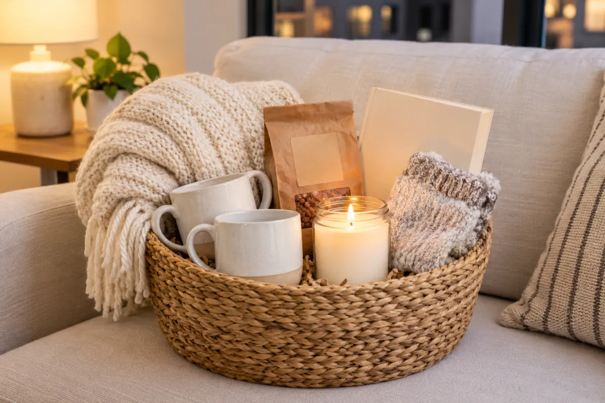 A cozy night-in housewarming basket with a knit throw, two mugs, hot cocoa and a candle on a sofa