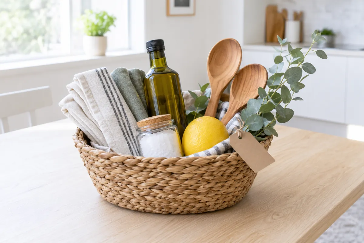 A woven housewarming gift basket with linen towels, wooden spoons and kitchen treats