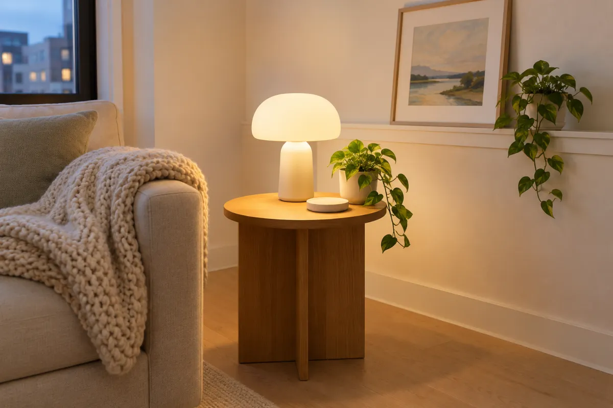 A rechargeable cordless lamp glowing on a side table beside a sofa with a knit throw in a small studio apartment