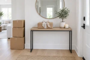 A wrapped housewarming gift, a small olive tree and a candle on a console table in a new apartment entryway