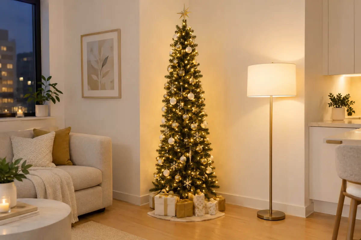 Slim pencil Christmas tree with warm lights in the corner of a small studio apartment