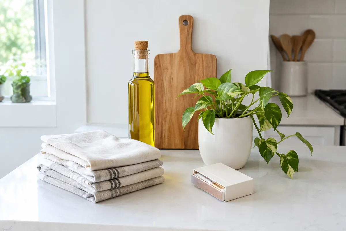 Practical housewarming gifts on a kitchen counter: linen tea towels, olive oil, a cutting board and a small plant