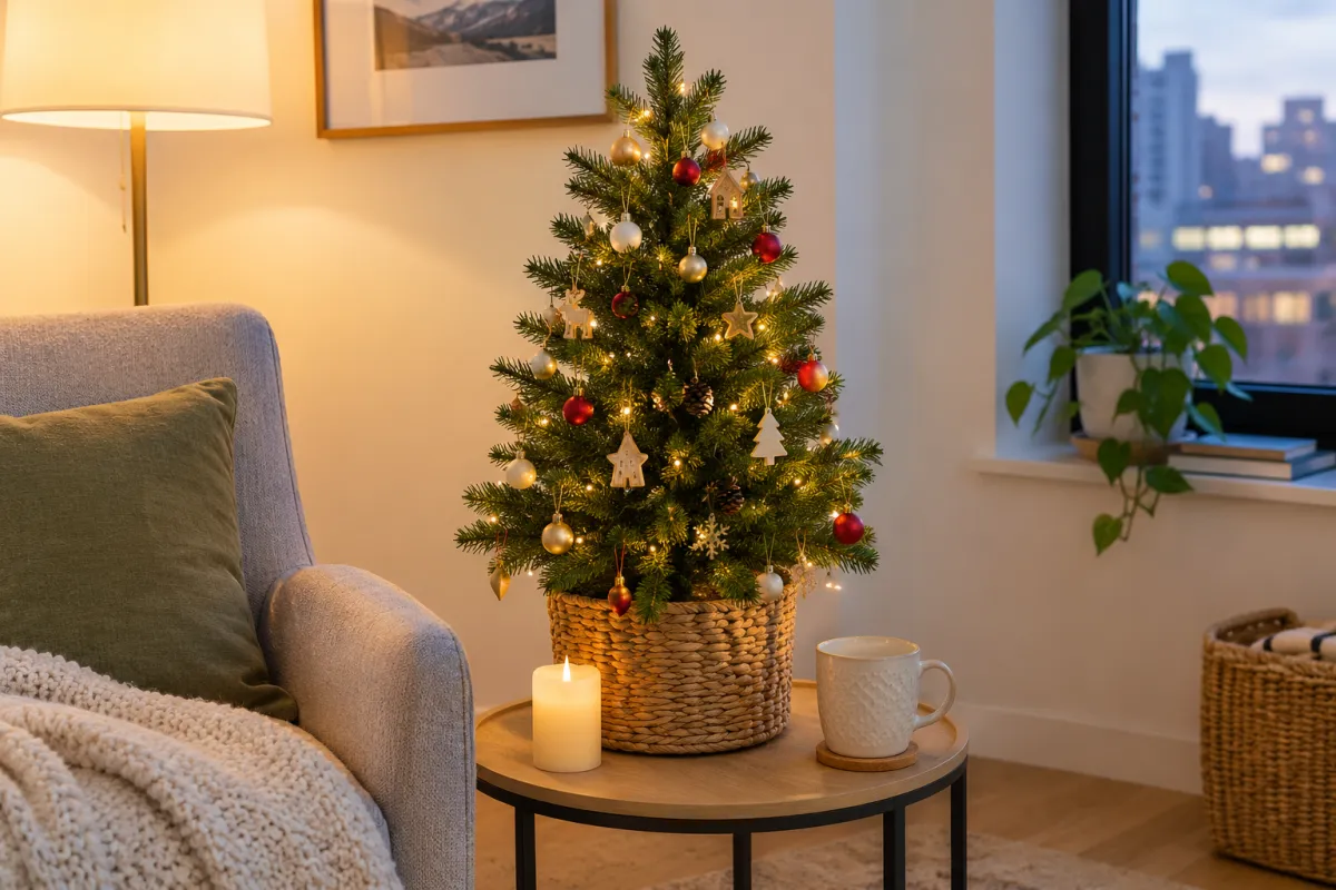 Small tabletop Christmas tree in a woven basket on a side table next to an armchair