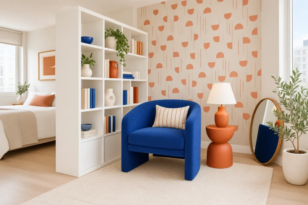 Bright small studio nook with a cobalt blue armchair, white shelf room divider, terracotta lamp and removable patterned wallpaper