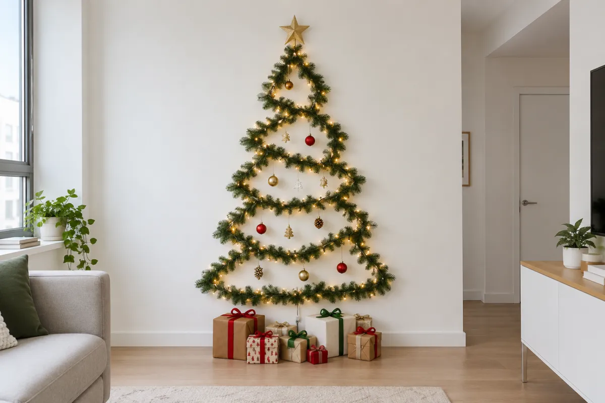 Wall Christmas tree made of a lit garland held by clear adhesive hooks on a white rental wall